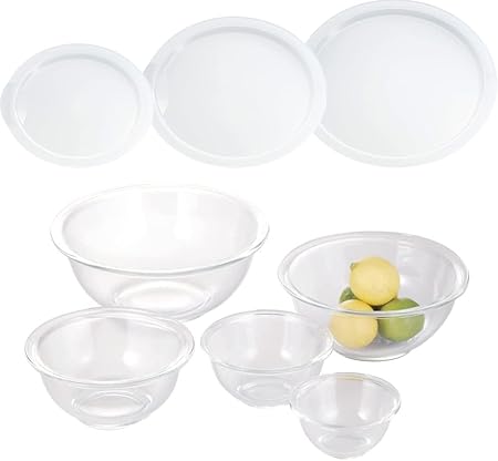 iwaki 耐熱ガラス ボウル 丸型 5点セット + レンジカバー (900ml用・1.5L用・2.5L用)