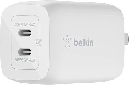 Belkin 65W PD 充電器 USB-C 2ポート PPS規格対応 GaN採用 小型 ACアダプター タイプC 急速充電 軽量【PD3.0対応 / PSE技術基準適合/折りたたみ式プラグ】65W(45W+20W) MacBook Windows PC Surface Pro iPad iPhone Galaxy Android スマートフォン 各種ノートPC対応 WCH013dqWH