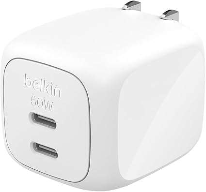 Belkin Cubic Charger 50W 2ポート アダプター ゼロスタンバイモード搭載(待機時消費電力ゼロ) ZSP技術 PPS急速充電 PD GaN iPad iPhone スマホ MacBook air Windows PC Galaxy Android 急速充電 USB-C type-c タイプc 折りたたみプラグ PSE技術基準適合 ホワイト WCH019qcWH