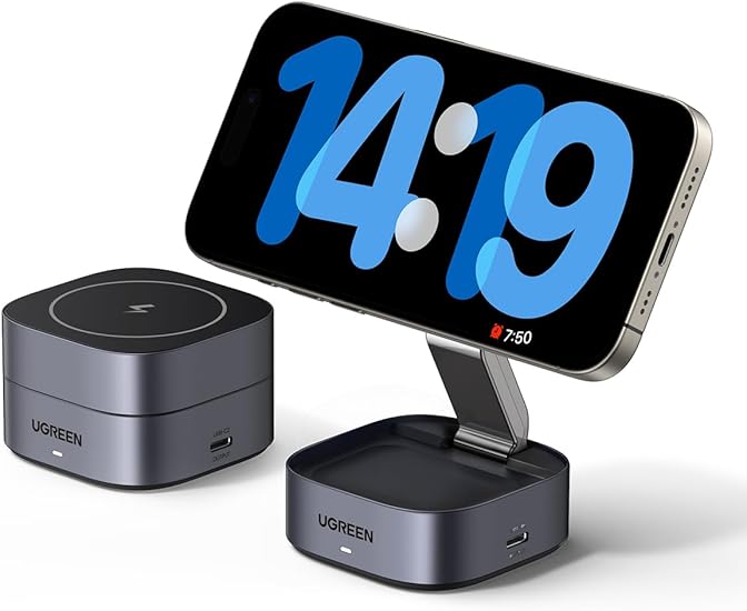 UGREEN MagFlow ワイヤレス充電器 2in1 magsafe対応 折りたたみ式 マグセーフ 充電スタンド 7.5W iPhone 16/16 Plus/15 Pro/15 Pro Max/14/13/12 シリーズ、AirPods 3/2/Pro など 2USB Cポート(USB C充電アダプタなし)