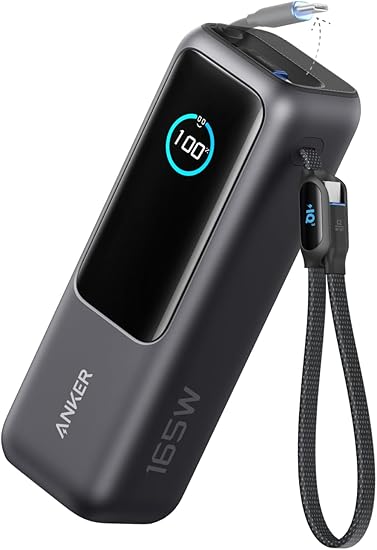 Anker Power Bank (25000mAh, Built-In & 巻取り式USB-Cケーブル) 【PD対応/PSE技術基準適合/USB-C入力対応 / 165W出力 MacBook PD対応Windows PC iPad Pro iPhone 16 / 15 Galaxy Android スマートフォン ノートPC 各種 (ブラック)