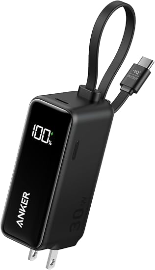 Anker Power Bank (30W, Fusion, Built-In USB-C ケーブル) (5000mAh 22.5W出力モバイルバッテリー搭載 30W出力USB充電器) / LEDディスプレイ搭載/USB-Cケーブル一体型/コンセント一体型/折りたたみ式プラグ 1台3役 / iPhone 16 / 15 Android iPad その他各種機器対応 (ブラック)