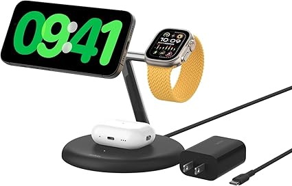 Belkin Qi2 3-in-1 Qi2ワイヤレス充電スタンド Qi2公式認証/MagSafe対応 iPhone 16/15/14/13/12/Qi2対応スマートフォン(最大15W高速充電) AirPods/ワイヤレス充電対応イヤホン(5W充電) Apple Watch 9/8/7/Ultra/Ultra2 USB-Cケーブル付属(1.5m) AC電源アダプター付属 WIZ023dqBK