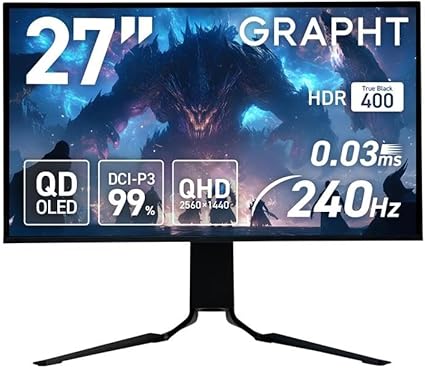 GRAPHT QD OLED ゲーミングモニター 27インチ 240Hz 0.03ms WQHD 有機EL 量子ドット (2年保証 | 輝点保証 | 日本メーカー | 画面保護通知機能 | 縦横回転 | 高さ調整 | DisplayPort1.4 x1 | HDMI 2.1 x 2 | VRR対応 | VESA75x75 | DCI-P3 99%) GR2724OEL-BK