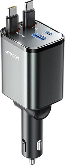 【巻き取り式・2本USB-C】JOYROOM 車載充電器 巻き取り式充電ケーブル 車 シガーソケット 69W【4台同時充電・超コンパクト設計】 カーチャージャー 急速充電 12V/24V対応 iPhone/Android対応