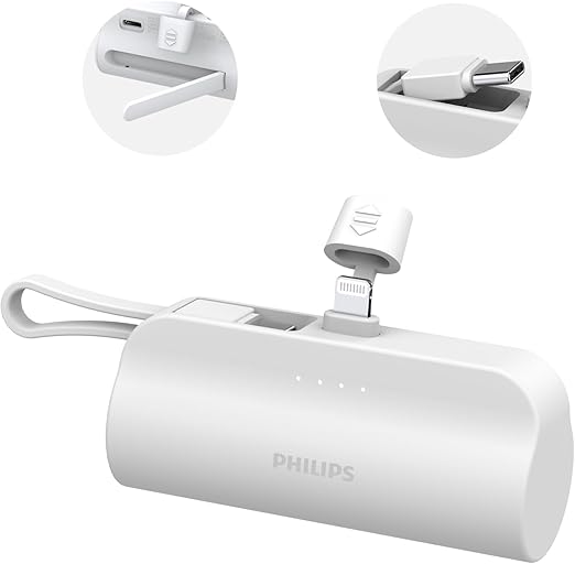 Philips (フィリップス) モバイルバッテリー 4800mA大容量 LightningコネクターUSB-Cケーブル内蔵軽量 小型 二台同時充電 モバイル充電器パススルー機能隠しスタンド PSE認証済 Lightning＆USB-Cデバイス対応 DLP2550VW