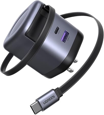 UGREEN 65W 充電器 【69CM 巻き取り式】 8階段調整可能 伸縮式 Type-C ケーブル内蔵 USB-C/USB-A 3ポート同時充電可能 PD3.0 旅行/出張/収納/スマホ/パソコン/タップレットなどType-C適合