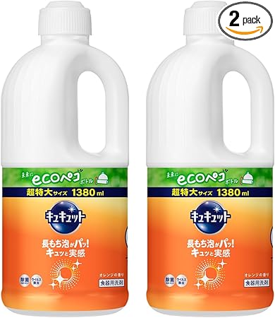 【まとめ買い】キュキュット 食器用洗剤 長もち泡がパッ! キュッと実感! オレンジの香り 詰替え用 1380ｍｌ×2個 大容量