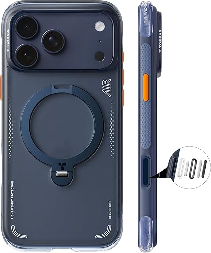 TORRAS iPhone 17 Pro Max 6.9 インチ 用 ケース【エアバッグ 超強保護・米軍 MIL規格 】リング スタンド MagSafe対応 Ostand Q3 Air 360°定点回転 縦横両対応 MagSafe対応 ワイヤレス充電 カメラコントロールボタン付き 登山・アウトドア活動 真夜中・ブルー