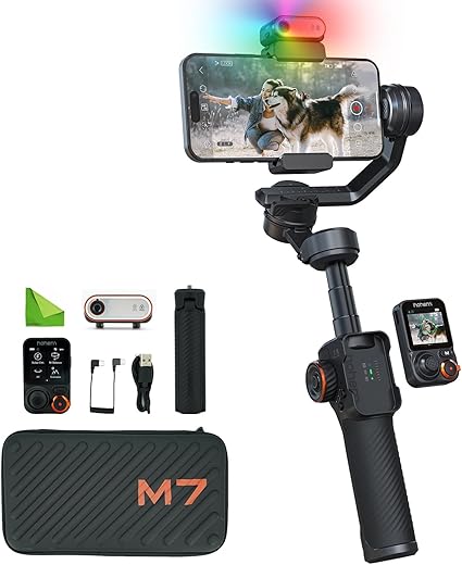 hohem M7 AIトラッキングスマートフォンジンバル3軸電話スタビライザー、1.4インチフルカラータッチスクリーン、マグネット、フィルライト、iPhone＆Androidビデオ録画用延長ポール付き
