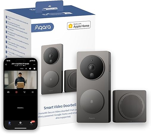 Aqara インターホン ワイヤレス 工事不要 G4 Alexa対応 ドアホン スマホ カメラ付き アカラ ビデオドアホン インターフォン ドアベル IPX3防水等級 玄関 HomeKit Google Home 人感検出 双方向音声 一人暮らし セキュリティ 電池式 有線チャージ 両方通話 家族共有