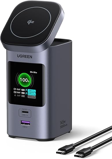 UGREEN Nexode モバイルバッテリー 4-in-1 (20000mAh・145W) Qi2・15Wマグネット式ワイヤレス充電対応 Magsafe対応 3ポート PD急速充電 TFTディスプレイ 大容量 縦置き パススルー/低電流モード搭載 PSE技術基準適合 MacBook PD対応Windows PC iPad iPhone Android スマホ ノートPC その他 PB771