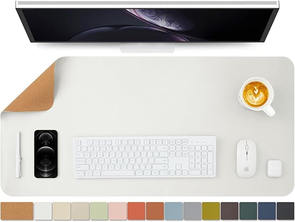 ナチュラルコルク &PU両面デスクマット、大型マウスパッド、デスクプロテクター、防水キーボードマット、オフィス/家庭/ゲーム/装飾に最適（白い、90cmx43cm）