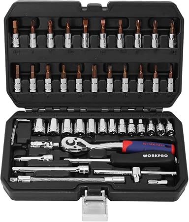 WORKPRO ソケットレンチセット ラチェットレンチ オフセットタイプ 差込角6.35mm（1/4インチ) 46点組 自動車修理 車メンテナンス ガレージツールセット 作業セット 工具 道具 専用収納ケース付属