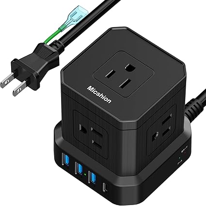 Micshion キューブ型電源タップ Type-C付 延長コード 2m 雷ガード 5個AC口（2400Ｗ) 3個USBポート 1個Type-C コンセントusb付き 電源タップ usb付き タコ足配線 テーブルタップ OAタップ マルチタップ 安全保護機能 自宅用 会社用 ブラック