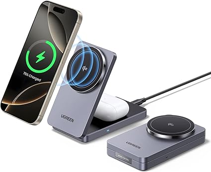 UGREEN MagFlow Qi2 ワイヤレス充電器 MagSafe 折り畳み Qi2充電スタンド (2-in-1) マグセーフ充電器 最大15Ｗ高速出力 マグネット式 角度調整 合金質感 薄型軽量 iPhone16/15/14/13/12/ AirPods Pro/ワイヤレスイヤホンに対応