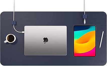 Function101 DESK MAT PRO+CABLE BLOCK ×2 マグネットでデスクトップ上のケーブルを整理、プレミアムエコレザーデスクパッド+2個の強力マグネット式シリコンケーブルホルダー、パッド裏面は人工スエード製（約787mm×約406mm）ネイビー