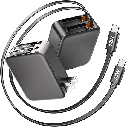 充電器 type-c 35W 急速充電器【自動巻き取り式 2本type-c充電ケーブル付き】 PD対応 2本USB-Cケーブル & USB-C ポート 三台同時充電 タイプcケーブルー体型 折りたたみ式プラグ iPhone 16 / 15/ 14/ 13/ 12/ 11/ X/XS/XR/ 8/ 7/ SE/iPad Pro/AirPods/Androidなどに対応 ブラック