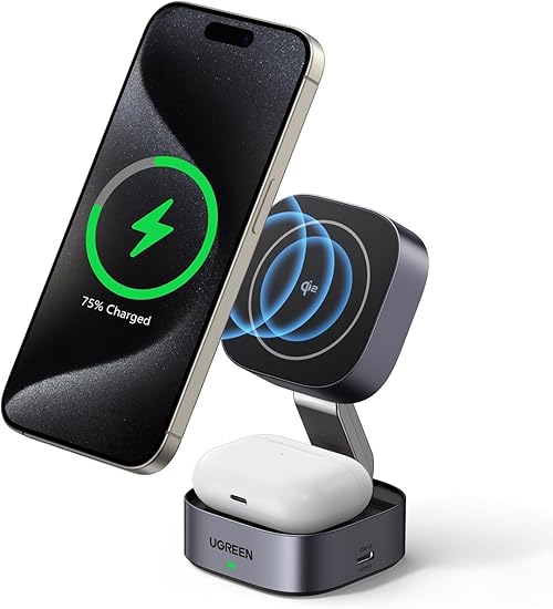 UGREEN MagFlow Qi2 ワイヤレス充電器 15w magsafe対応 折りたたみ式 マグセーフ 充電スタンド【 2IN1＋2＊USB Cポート】 iPhone 16/16 Plus/15/14/13/12 シリーズ、AirPods 3/2など