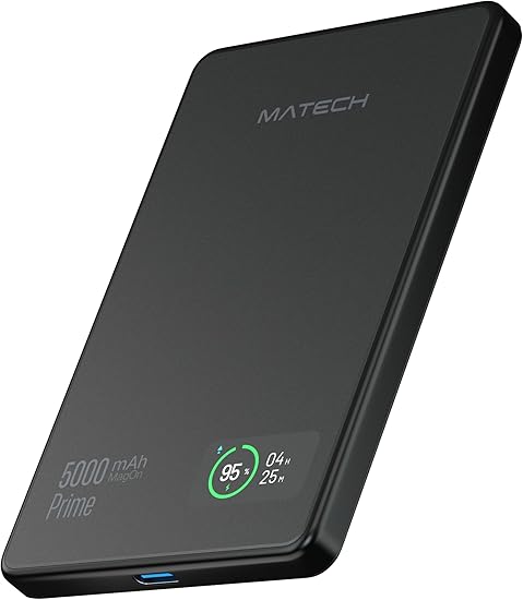 MATECH® Qi2 Mobile Battery, MagSafe, Ultra-thin, Compact, Lightweight (Thinness 0.3 inches (8.7 mm), 5000 mAh) [MagSafe Compatible Magnetic, Maximum Output 15W, Wireless/Type C, PD22W/iPhone 12-16