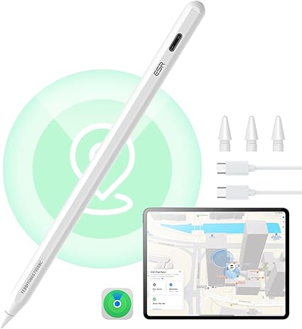 ESR ipad ペン 用 Find My「探す」機能付きスタイラス 2025-2018, iPad Pro 13/12.9/11-M4 iPad Air 5/4/13/11-M2, iPad 11/10/9/8/7 & iPad Mini 6/5用Find My「探す」機能と傾き感知機能付きipad ペンシル Pro, ホワイト