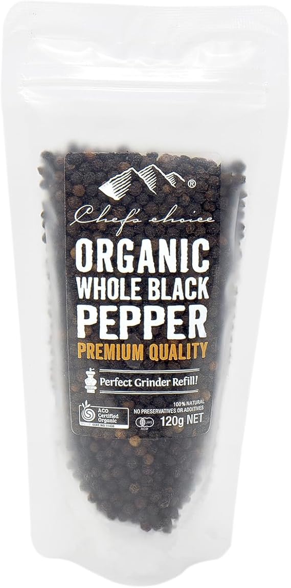 Chef's choice シェフズチョイス オーガニック ブラックペッパー ホール 120g プレミアムクオリティ 有機JAS ACO USDA BRC認証 (1袋)