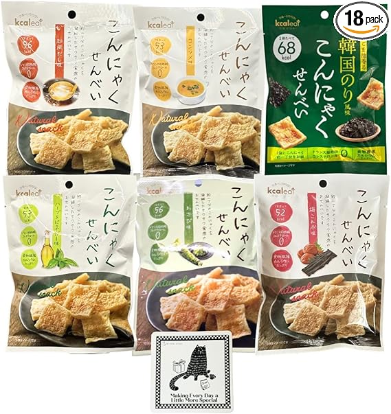 こんにゃくせんべい【６種類×３袋＝１８袋セット】＋特製オリジナルコースター１枚付 和風・韓国のり・コンソメ・ハーブ＆ビネガー・梅こんぶ・わさび 低脂質低糖質 食物繊維豊富 コレステロールゼロ