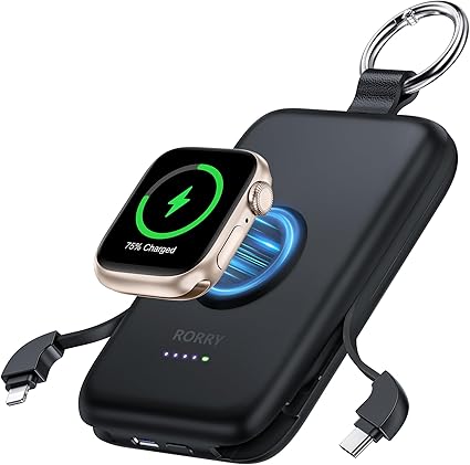 RORRY【進級プロ版 大容量】モバイルバッテリー 10000mAh ケーブル内蔵 アップルウォッチ 充電器 (20W USB-C&iPhone用ケーブル) 3in1 軽量 小型 4台同時充電 磁気充電 Type-C 急速充電 携帯充電器 For Apple Watch Ultra2/10/9/8/7/iPhone 16/15/14/iPad/AirPods アウトドア 持ち運び 防災 ブラック
