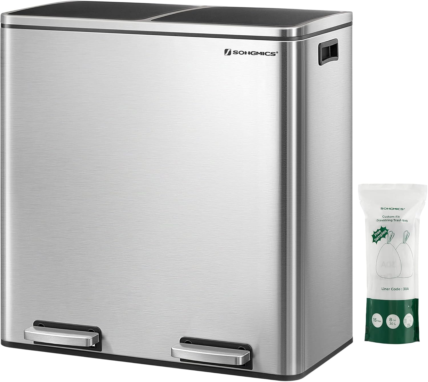 SONGMICS ゴミ箱 ダストボックス 2分別 ゴミ袋付き ペダル式 2x30L インナーバケット二つ ステンレス 密閉 音無し おしゃれ スリム 室内 キッチン 蓋付き LTB60NL