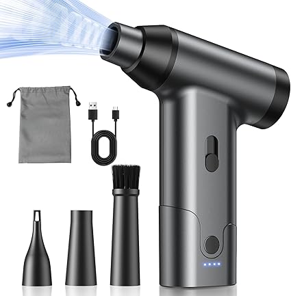 エアダスター 電動ブロワー 超強力高速回転 無段階風量調整 電動エアダスター USB Type-C充電式 215g 小型 3種類ノズル付き PC掃除/キーボード/家具/車内/エアコン/洗車用 収納ボックス 日本語取扱説明書付き