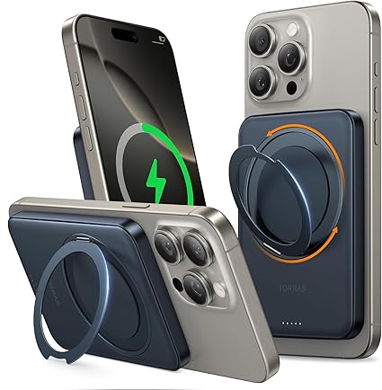 【超軽量·360°回転スタンド】TORRAS モバイル バッテリー MagSafe対応 軽量 小型 マグセーフ 薄型 ワイヤレス充電器 マグネット式 急速充電 2台同時充電 5000mAh スタンド付き PSE認証済み iPhone 16/15/14/13/12シリーズ 旅行/出張/災害用