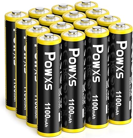 POWXS 単4電池 充電式 ニッケル水素 単四電池 高容量1100mAh 約1300回使用可能 16本入り 単四充電池 低自己放電 液漏れ防止 充電池 単4 単4形充電池（アップグレード 黒＋黄）