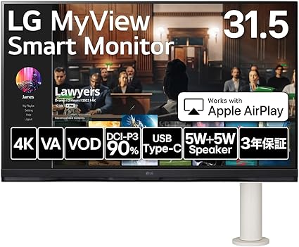 【VGP2023 Summer 企画賞/金賞】32SQ780S-W/LG スマートモニター/SMART Monitor / 31.5インチ 4K(3840×2160) / webOS22搭載 / VA/アンチグレア/AirPlay 2 / USB Type-C､eARC対応HDMI/エルゴノミックアーム/チルト､ピボット､スイベル､高さ調整対応/チューナーレステレビ/ 3年安心・無輝点保証