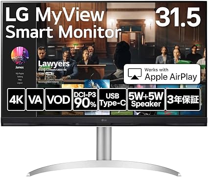 LG スマートモニター / 32SQ730S-W 31.5インチ/作業効率アップ、ビジネス、映画、VOD視聴/ 4K / webOS22搭載 / VA/アンチグレア/AirPlay 2 /チルト、高さ調整対応/USB Type-C､eARC対応HDMI / 3年安心・無輝点保証