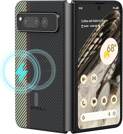 「PITAKA」Pixel Fold ケース MagEZ Case 3 アラミド繊維製 高級なカーボン風 超薄 超軽量 耐衝撃 ミニマリスト シンプル デザイン ワイヤレス充電 対応 カバー (黒/グレー序曲)