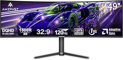 Amzfast 49インチ ゲーミングモニター 120Hz 曲面ウルトラワイド DQHD 5120x1440 /120%sRGB/3000:1コントラスト/1msMPRT/高さ調整/HDR/Adaptive Sync/フリッカー防止/PIP PBP機能/ブルーライト低減/DP1.4 *2/HDMI 2.0*2/75x75 VESA/ 5年保証 AMZG49C7U
