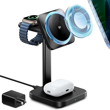 ESR Qi2 3 in 1 ワイヤレス充電器（CryoBoost搭載) Apple認定Watch充電器&15W Qi2 Magsafe充電器（iPhone用）スマホ冷却ワイヤレス充電器 iPhone 16/15/14/13シリーズ用 アップルウォッチAirPods 4/3/AirPods Pro用 ブラック