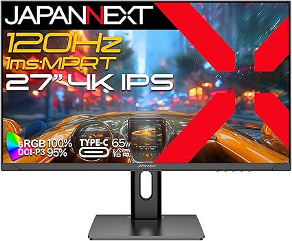 JAPANNEXT 27インチ IPSパネル搭載 120Hz/1ms(MPRT)対応 4K(3840x2160)解像度 ゲーミングモニター JN-IPS27G120U-HSPC6 HDMI2.1 DP USB Type-C(最大65W給電) HDR400相当 sRGB:100% DCI-P3:95% PS5 4K:120Hz接続 VRR KVM 高さ調整 ピボット(縦回転) 【2年保証】
