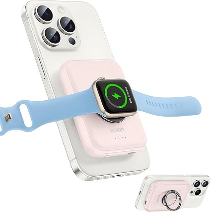 RORRY モバイルバッテリー magsafe対応 apple watch モバイルバッテリー【超小型・マカロン色・リング＆スタンド付】5000mAh 3in1ワイヤレス充電器 軽量 小型 iPhone&iWatch同時充電 可愛い マグセーフ充電器 パススルー 持ち運び便利 iPhone16/15/14/13/12/iWatch Ultral2/S10/9/8などに対応 津波/台風/防災グッズ