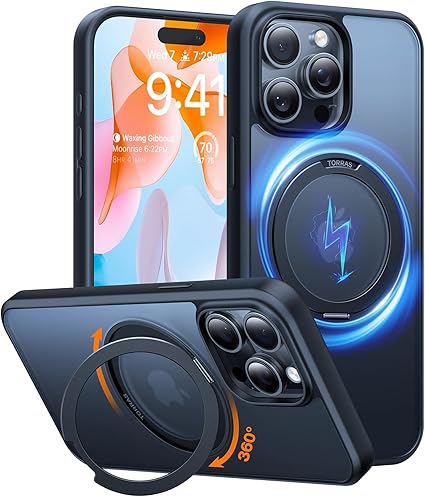 【2024新型！多機能360度回転スタンド】TORRAS iPhone 15 Pro 用 ケース 縦横両対応 リング Halbachマグネット搭載 MagSafe対応 ワイヤレス充電対応 米軍MIL規格 耐衝撃性 防指紋 いphone15pro用ケース アジャスタブルスタンド 6.1インチ「UPRO Ostand R」ブラック
