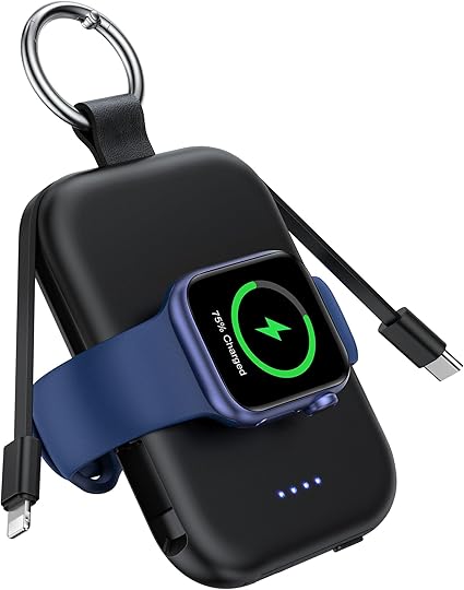 【新登場】RORRY apple watch 充電器 モバイルバッテリー 5000mAh 2本ケーブル内蔵 【iPhone用+Type-Cケーブル】 アップルウォッチ対応 ワイヤレス充電 同時充電 最大4台同時充電 For Apple Watch ultra2/9/8/7全シリーズに対応 軽量 小型 コンパクト 持ち運び/PSE認証済 for iPhone 15/14/Android ブラック