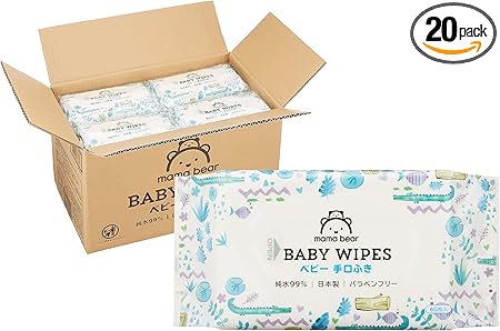 【手口ふき 】Mama Bear ベビー 手口ふき 純水99% 60枚入×20個 (1200枚) [ケース品] [Amazonブランド] 日本製 パラベンフリー