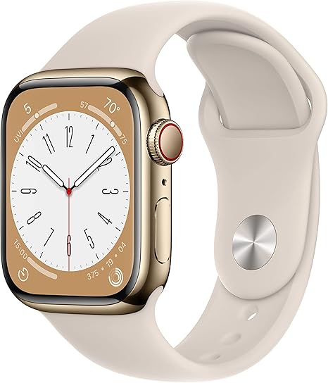 Apple Watch Series 8 GPS + Cellularモデル、41mmケース ゴールドステンレススチールケースとスターライトスポーツバンド レギュラーを組み合わせたスマートウォッチ。フィットネストラッカー、血中酸素ウェルネスアプリと心電図アプリ、常時表示Retinaディスプレイ、耐水性能