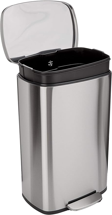 Amazonベーシック ゴミ箱 50L(50リットル) ソフトクローズ 静音 ふた付き ペダル付き スチール製 サテンニッケル おしゃれ 長方形