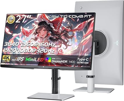 KTC 27インチ QD-MiniLED 4K UHD 量子ドットゲーミングモニター｜デュアルモード技術 320Hz/160｜HDR1400｜Type-C 65W｜HDMI2.1/DP1.4｜Adaptive Sync｜フリッカーフリー（DC調光）| KVM対応｜145% sRGB｜フル装備のエルゴノミクス機能 | PS5で120 Hz（VRR） | 3年保証 M27P6