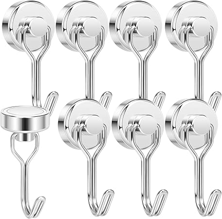 Tohoer【8個セット】 マグネットフック磁石付き ステンレス製 防錆 垂直耐荷重10㎏ 直径20mm キッチン オフィス お風呂 壁掛け（シルバー）