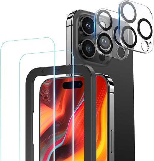 NIMASO ガラスフィルム (2枚)＋カメラフィルム (2枚) iPhone15ProMax専用 保護フイルム 強化 ガラス ガイド枠付き カメラ レンズ 保護カバー 硬度9H 耐衝撃 アイフォン15 ProMax用 保護フィルム レンズフィルム 6.7インチ対応 NFP23H784