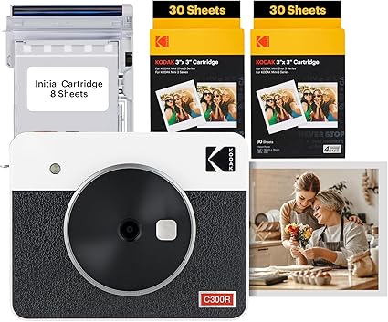 コダック KODAK Mini Shot 3 レトロ 4PASS 2-in-1インスタントカメラ＆フォトプリンター(7.6cmx7.6cm)＋カメラ本体8枚入り+60枚バンドル、ホワイト