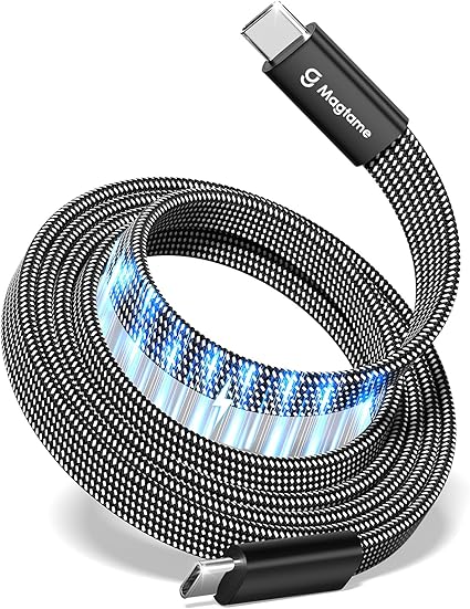 Magtame タイプcケーブル フラット平形 磁石自動収納 240W/5A急速充電 type-cケーブル QC4.0/PD3.1対応 usbc-usbcケーブル 金属製コネクタ 二重ナイロン iPhone15/MacBook/iPad/Samsung/Xperia Galaxy/Xperia等対応（ブラック-1M）