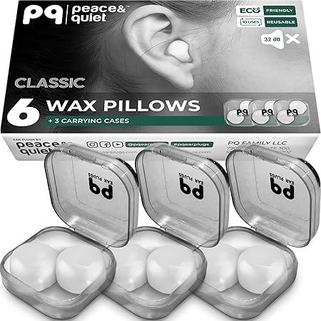 PQ 睡眠用シリコン耳栓 - 睡眠と水泳用の6個のシリコン耳栓 - ゲル耳栓によるノイズキャンセリングと耳の保護 - 遮音レベル32 dBの睡眠用耳栓、6個の枕